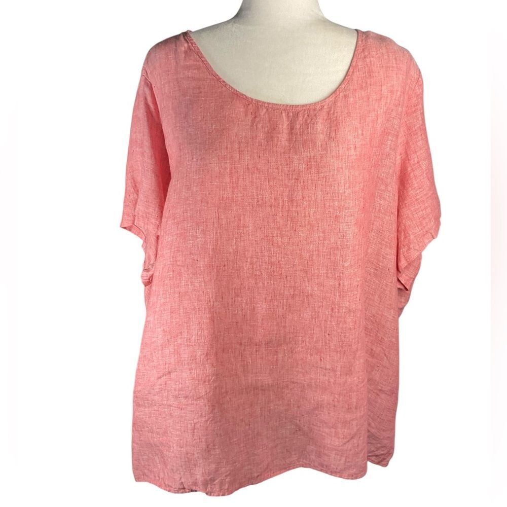 Tahari Women's Red 100% Linen Short Sleeve Tunic Top Blouse Size 2X